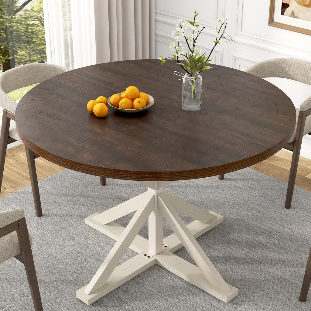 Round Wood Dining Table, Farmhouse Dinner Tables W/Thickened Brown Waterproof Tabletop for 4 People, 47 inch Rustic