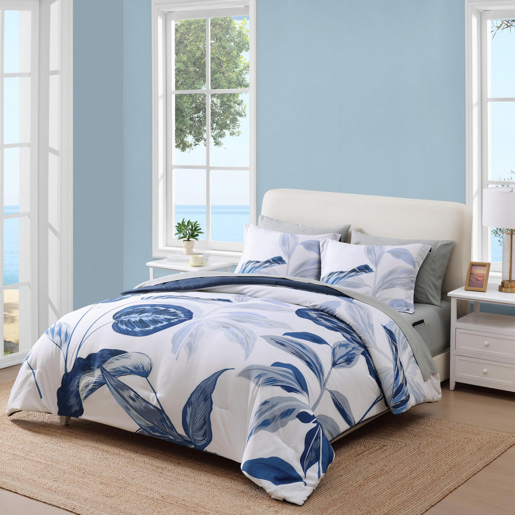 Comforter Set- 7 Pieces Blue Tropical Leaves Soft Bedding Sets, Coastal Bed in a Bag, Botanical Printed