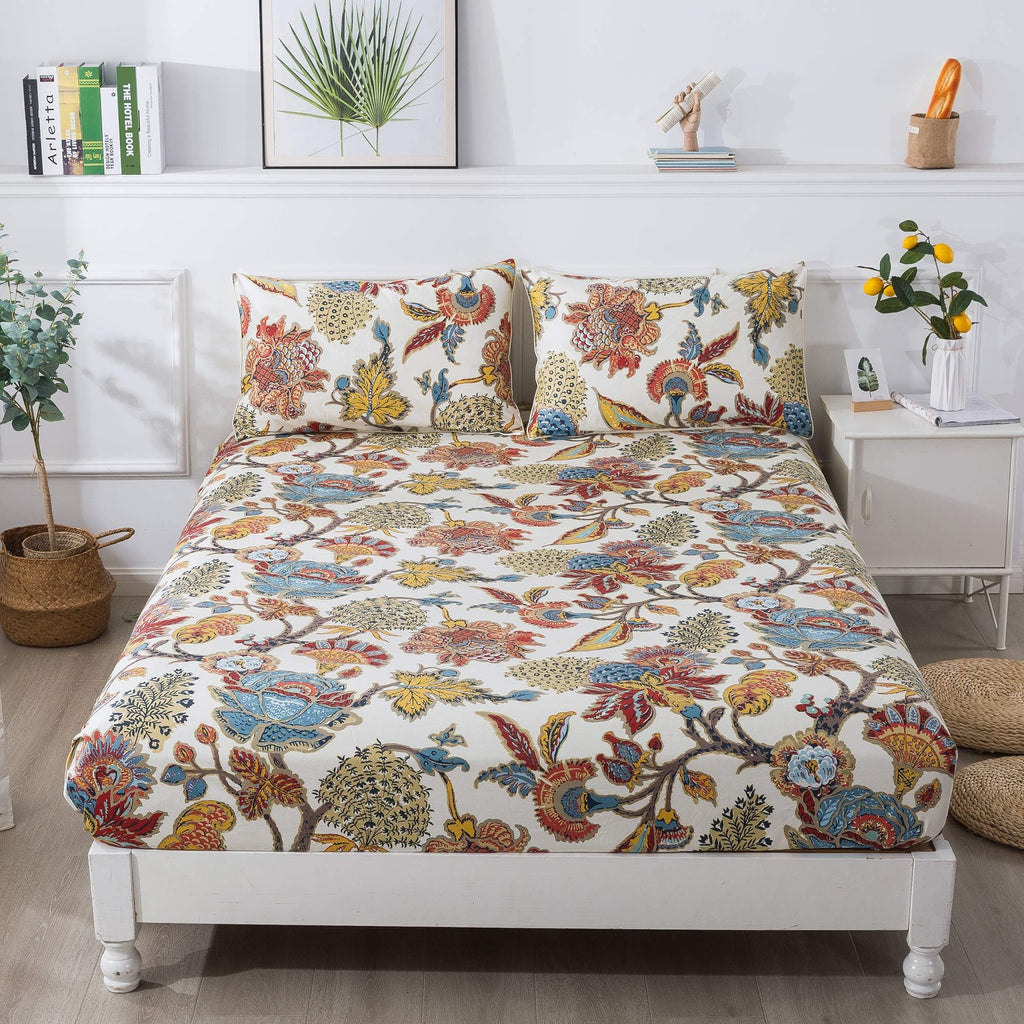 Vintage 4pcs King Size Deep Pocket Bed Sheet Sets 100% Egyptian Cotton Bedding Collection Colorful Boho Baikal Flower