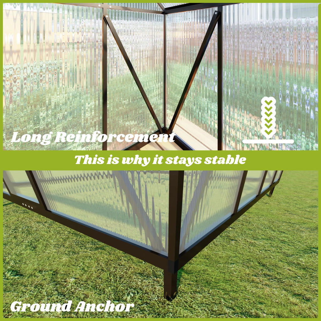 6x8FT Polycarbonate Greenhouse, with Vented Roof Window, Charcoal Gray