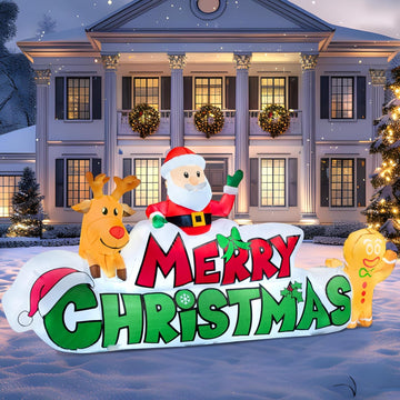 9.5 FT Christmas Inflatable Merry Christmas Sign with Santa, Reindeer & Gingerbread Man - Built-in LEDs, Outdoor Yard