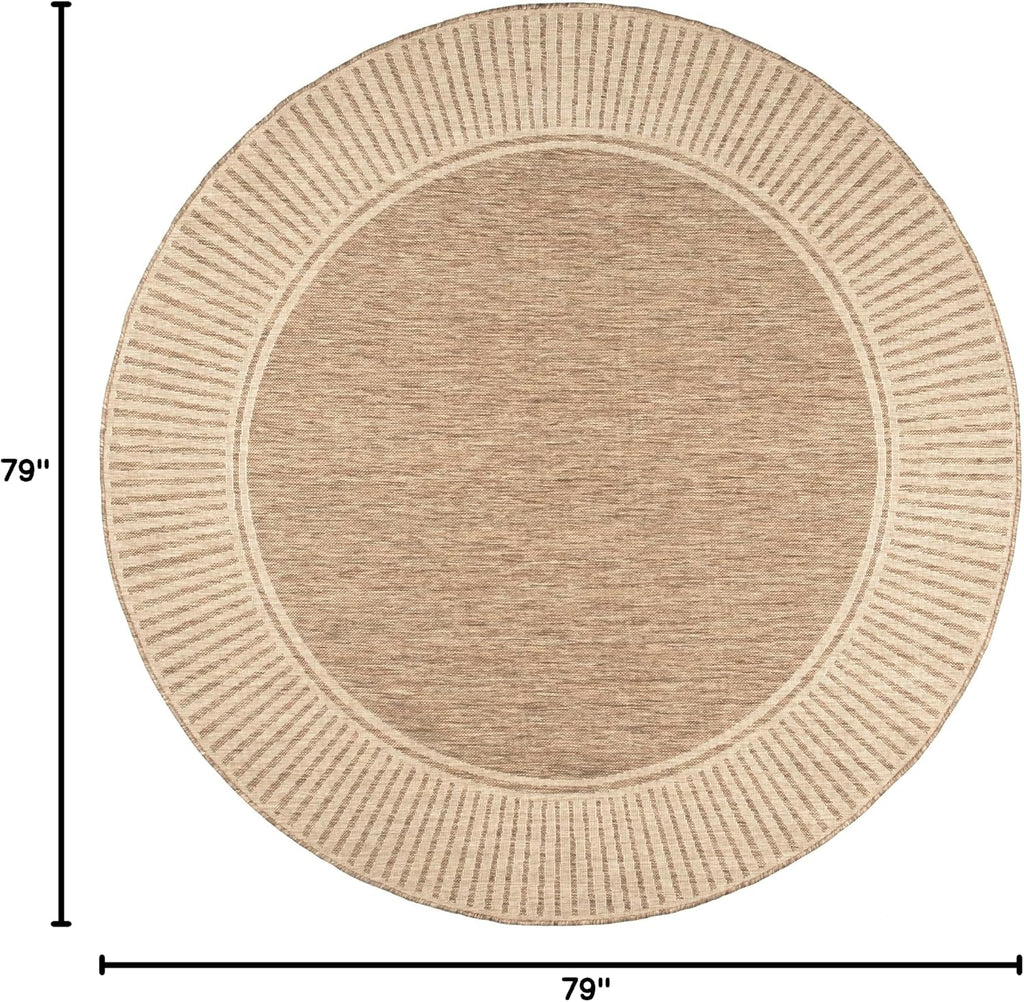Asha Light Brown Bordered Indoor/Outdoor Area Rug, 7' Round