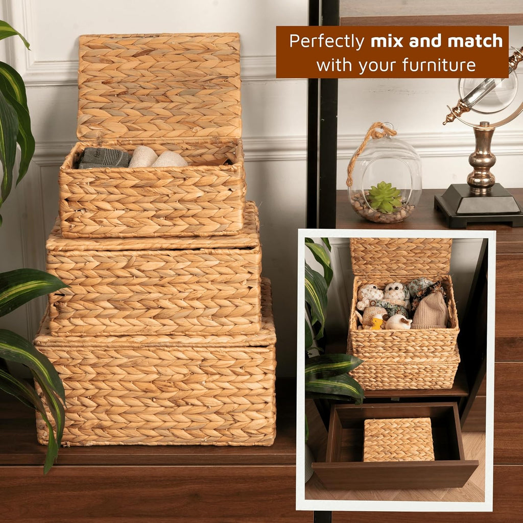 Set of 3 Wicker Baskets with Lid - Woven Storage Basket with Lid - Decorative Storage Boxes and Shelves