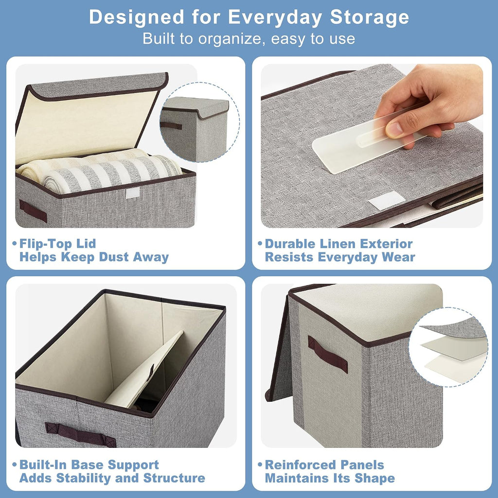 Large 17" 42 Quarts Collapsible Stackable Storage Bins with Lids [3-Pack] Foldable Fabric Linen Storage Boxes Cube