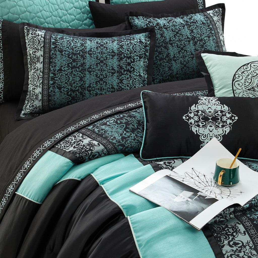 Black & Teal Comforter Set California King Size, Classic Jacquard Bedding Sets, Faux Silk, Premium Microfiber, 12