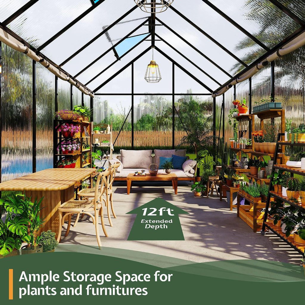 6x12Ft Polycarbonate Greenhouses for Outdoors, 2 Top-Opening Windows, Swing Doors, Aluminum Walk-in Heavy Duty for