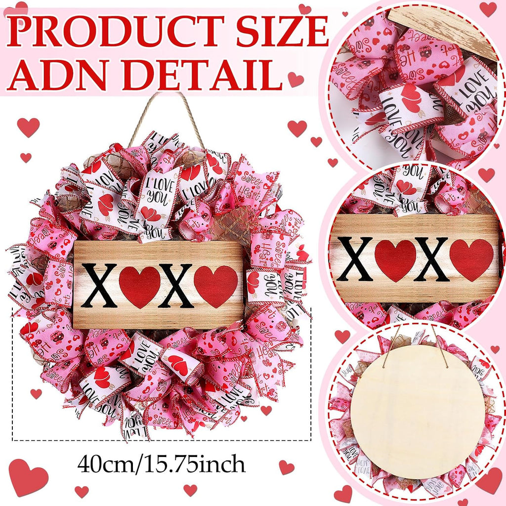 Valentine Wreaths 16 Inch Valentine's Day Wreath for Front Door Heart XOXO Pink Ribbon Mesh Decorations for Wall