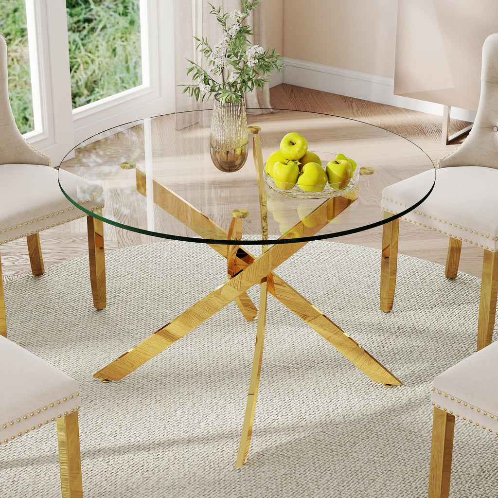 36-Inch Round Tempered Glass Dining Table for 2-4 Person Space-Saving Small Kitchen Table with Heavy-Duty Metal Legs