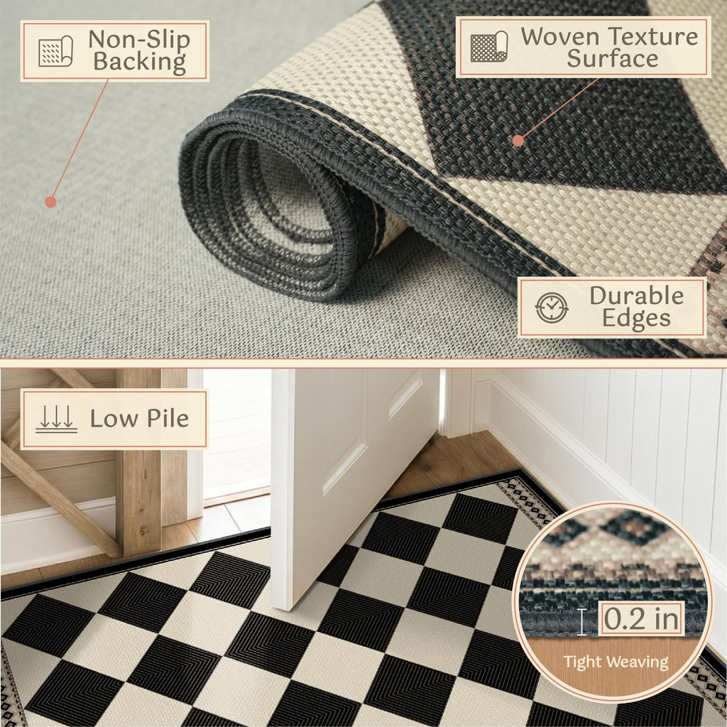 Black and White Checkered Easy Jute Laundry Room Rug Runner, Laundry Floor Mat, Washable Non Slip Diamond Boho