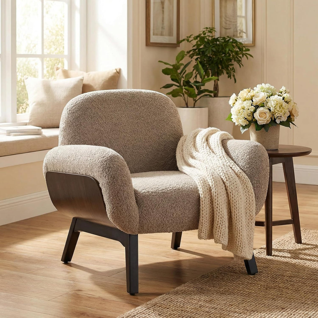 Audrey Modern Fabric Upholstered Accent Chair, Living Room Low Profile Fabric Armchair, Wooden Comfy Reading Chair