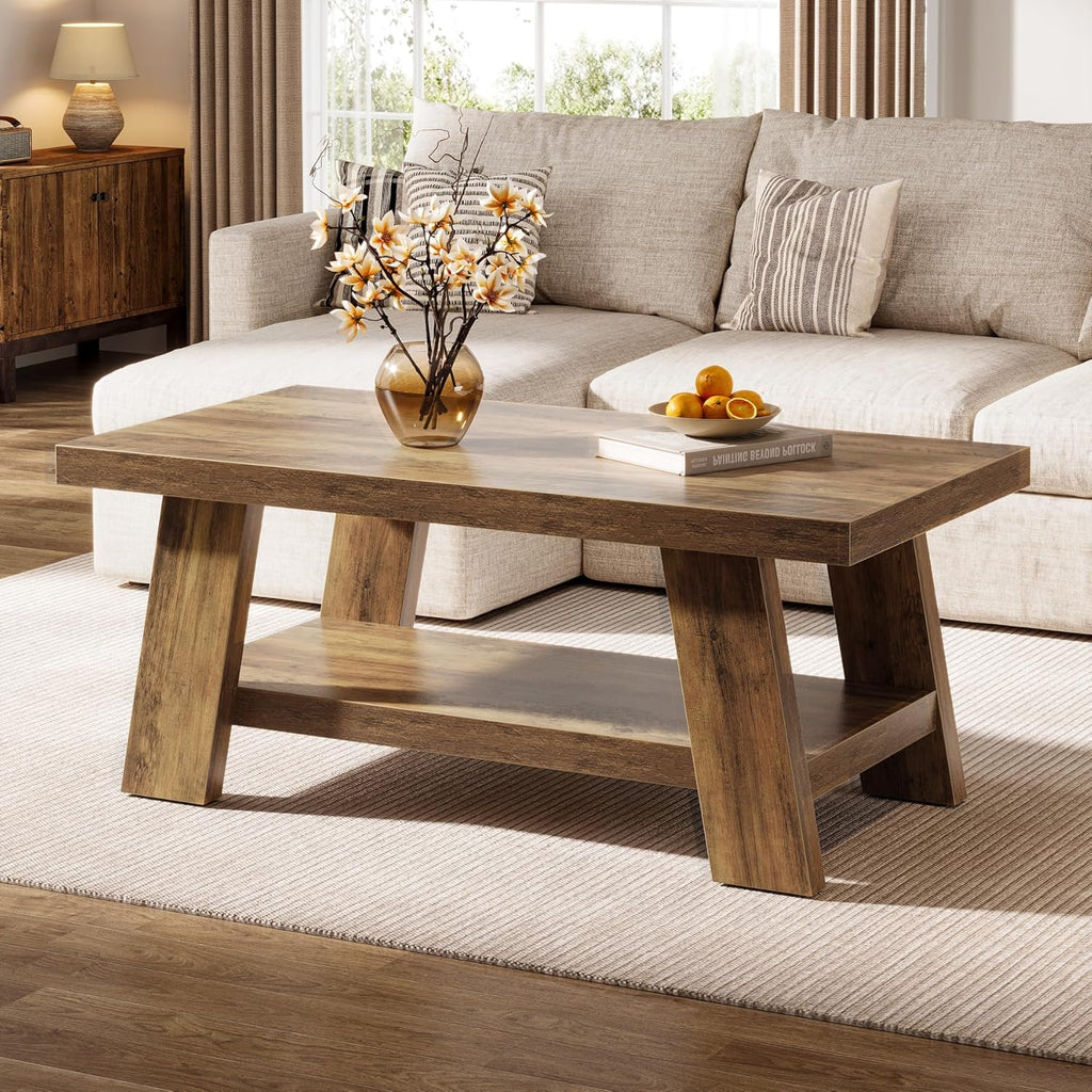 47-Inch Farmhouse Coffee Table with Storage Shelf, Rustic Wooden Center Table, 2-Tier Rectangle Coffee Table (Rustic ...
