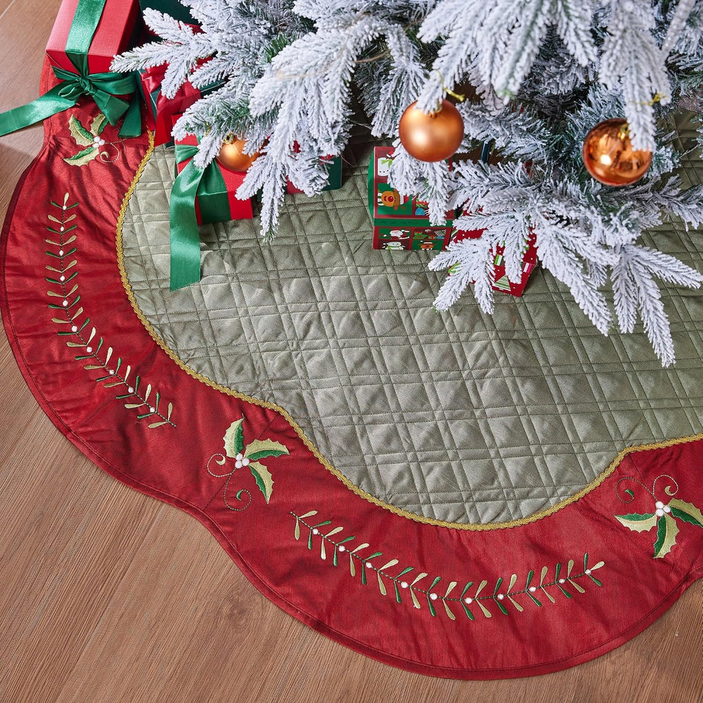 X.Sem Holly Leaf Embroidered Velvet Christmas Tree Skirt with Pleat Velvet Border 50'' (Green&red, 50 inch)