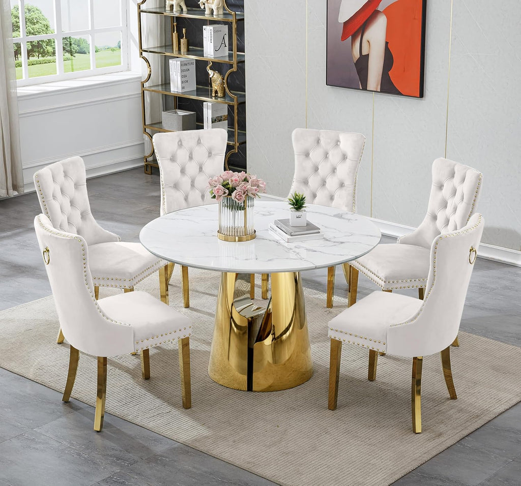 Luxury Marble Round Dining Table for 4-6, White Gold 45" Faux Marble Kitchen Table with Mirrored Stainless Steel
