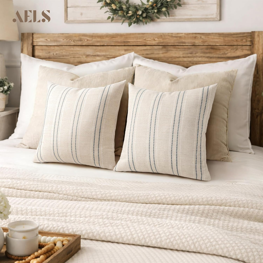 18x18 Decorative Farmhouse Linen Blend Throw Pillow Covers, Boho Textured Pillow Case, Set of 2, Beige with White &