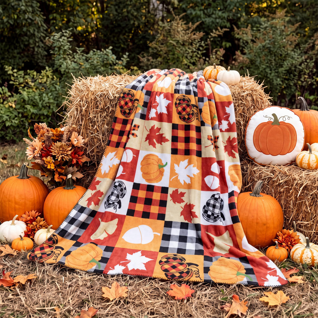 Fall Fleece Blankets, 50 x 60 Inch Pumpkin Plaid Throw Blankets