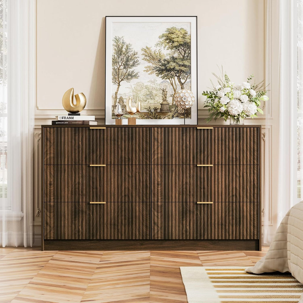 Walnut Dresser , Modern Dresser with 6 Drawers and Smooth Slides, Wide Chest of Drawers with Golden Handles , Closet