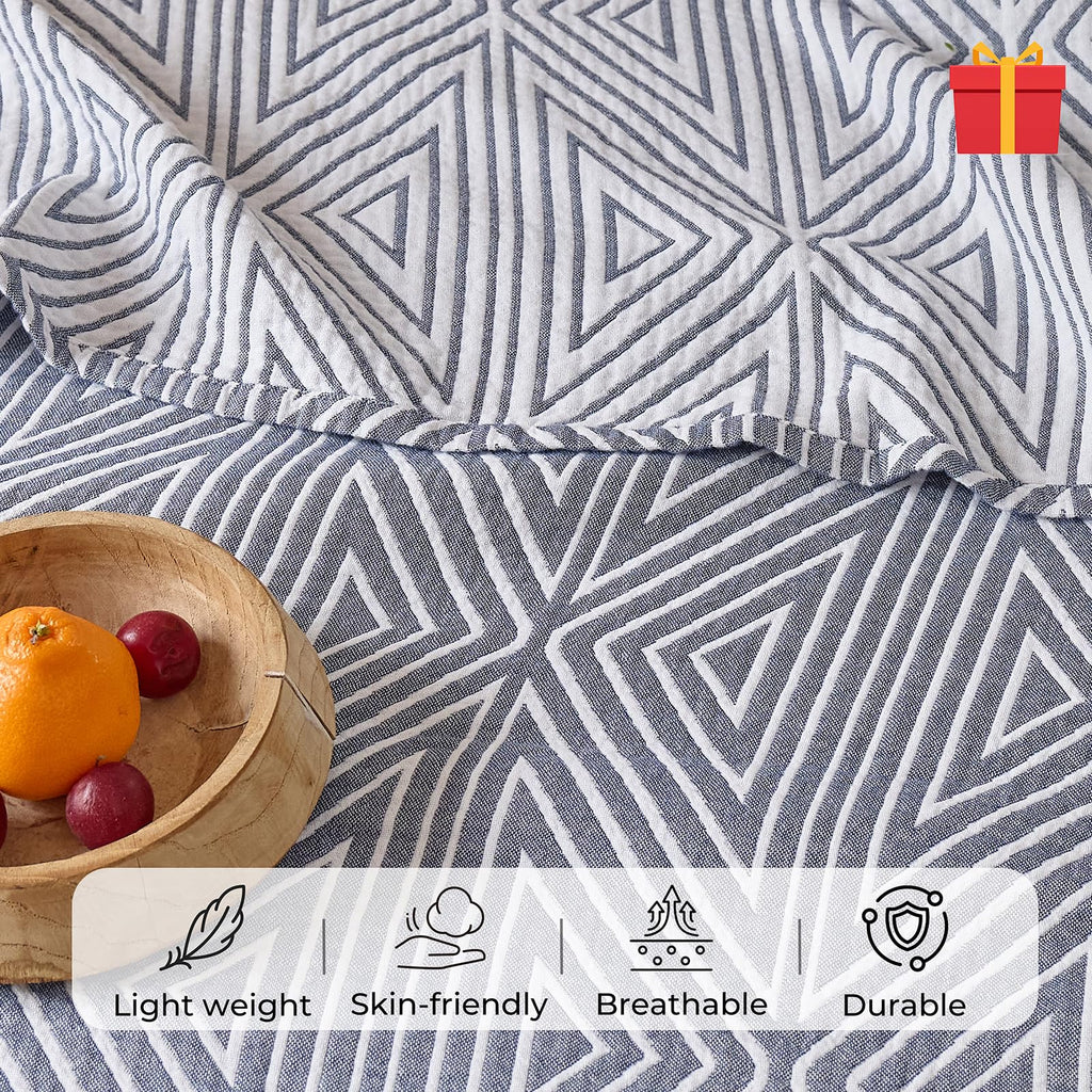 100% Cotton Geometric Reversible Muslin Blanket 60"×80" Blue