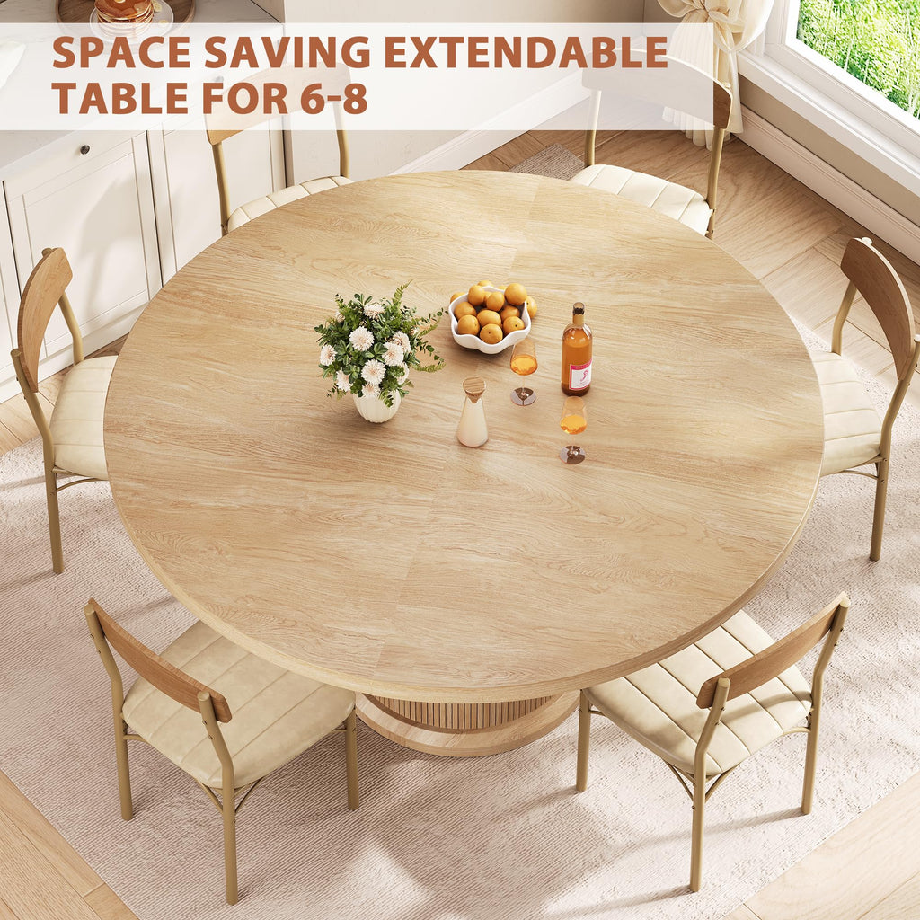 47′′-63′′ Extendable Round Kitchen Dining Room Table for 4-6 with 2-Tier Storage Shelf Dust-Proof, Space Saving