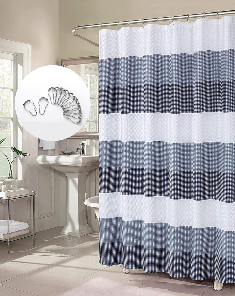Waffle Weave Waterproof Shower Curtains, Navy 70" x 72", Bath Curtains, Shower Curtain Waterproof Fabric with 12