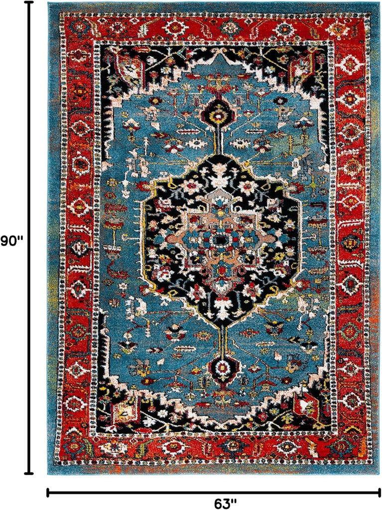 Vintage Hamadan Collection Area Rug, Blue & Red, Traditional Oriental Medallion Design, Non-Shedding &