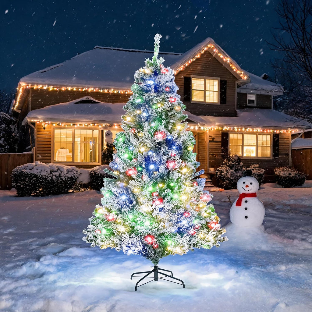 White Pre-Lit Snow Flocked Christmas Tree, Multi-Color Light