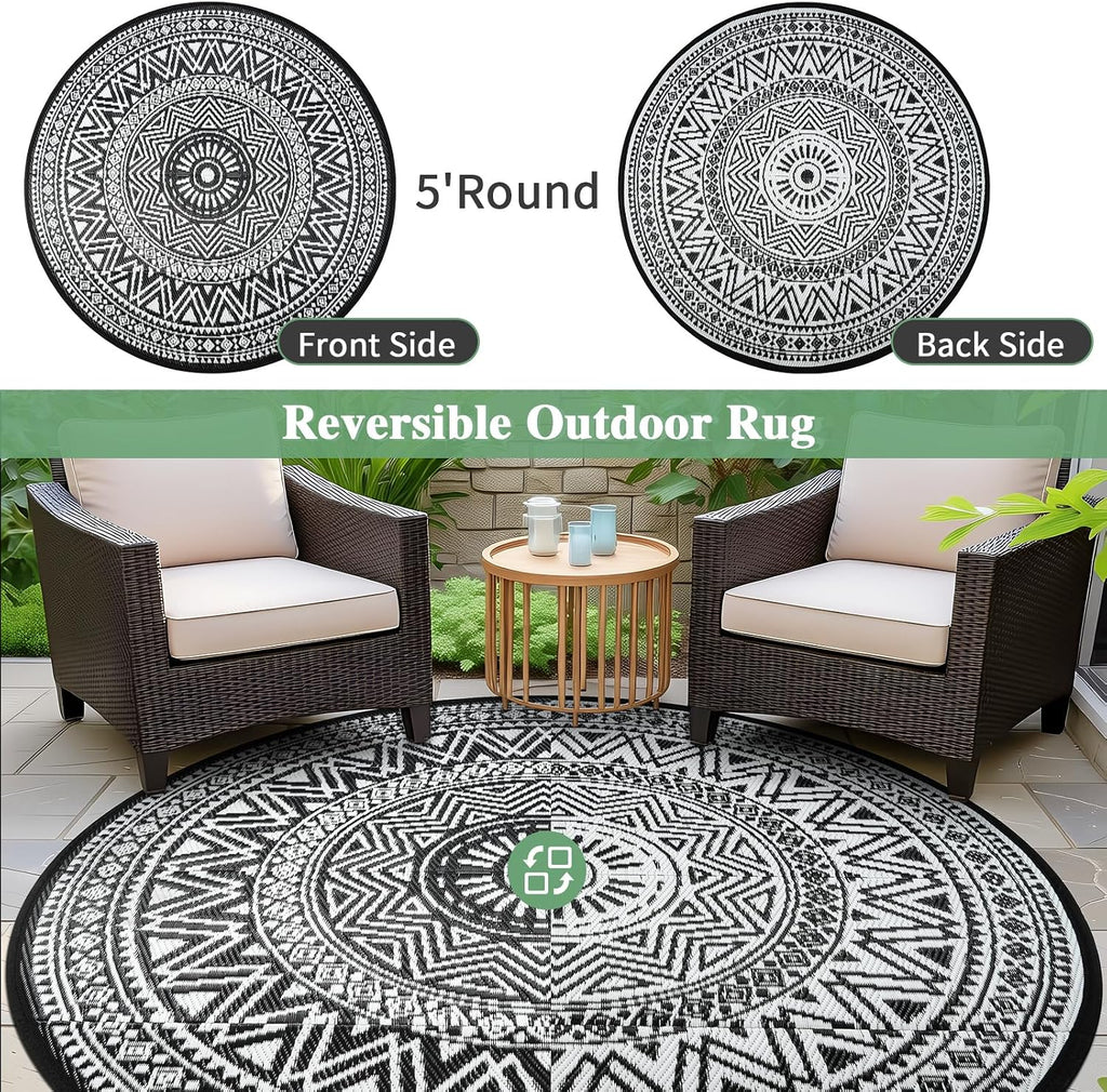 Outdoor Rug Waterproof 5ft Round, Reversible Boho Plastic Straw Patio Camping Area Rugs, Portable Indoor Outdoor RV
