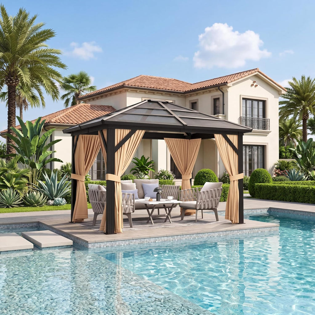 10x12ft Gazebo, Hardtop Outdoor Canopy Aluminum Frame Permanent Gazebo with Netting and Curtains