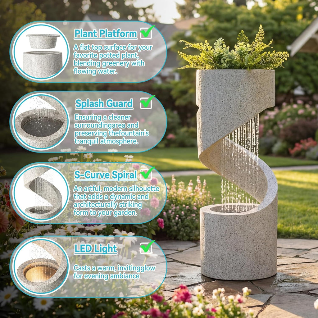 Outdoor Water Fountain with LED Light, Decorative Tiered Curved Waterfall Fountain with Stone Planter, Faux Terrazzo
