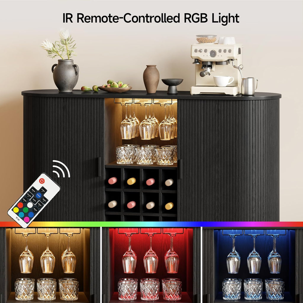 55" Wine Bar Cabinet with LED Light & Power Outlet, Black | Modern Flute Liquor Coffee Station with Wine Rack, Glass