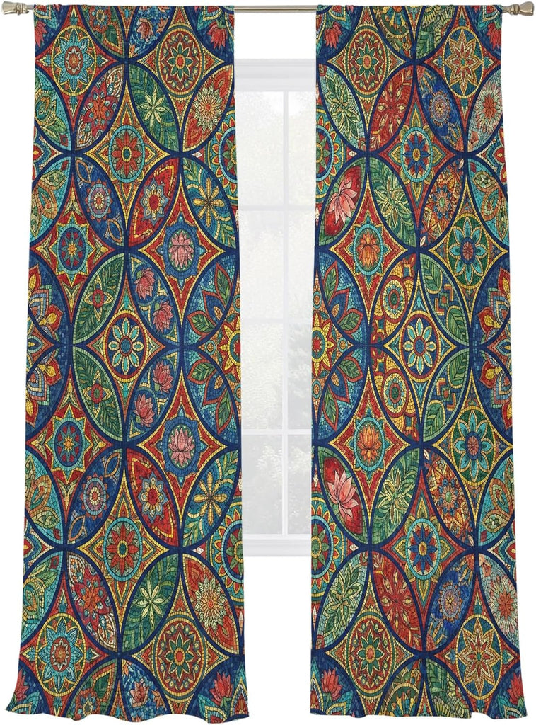 Vintage Boho Sheer Curtains 96 Inch Length 2 Panels, Ethnic Floral Geometric Green Blue Red Voile Kitchen Curtain Set