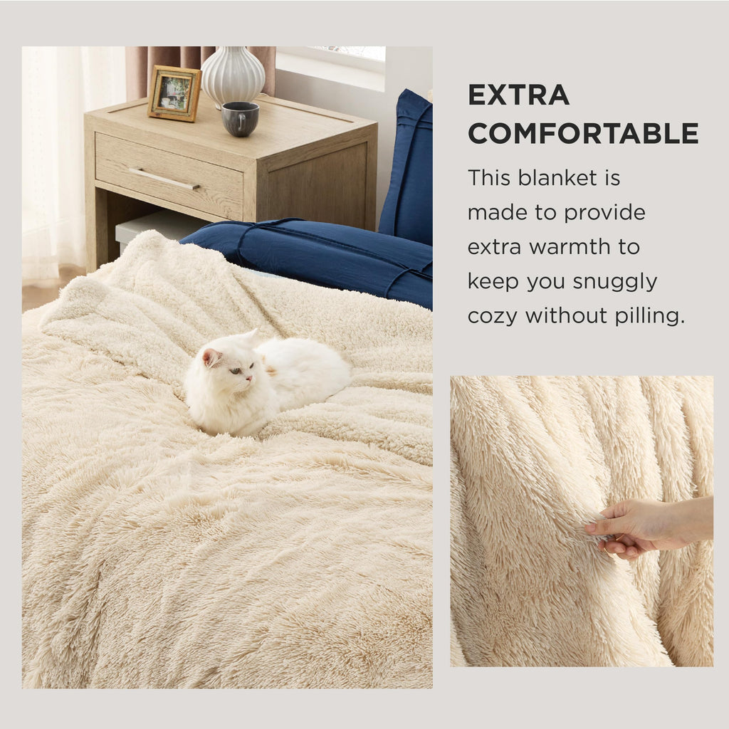 Faux Fur Fluffy Fleece Sherpa Blanket Couch Throw Beige 50"x60"