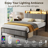 Full Bed Frame with Ergonomic Headboard, Upholstered Metal Platform Bed Full with 2-Tier Storage, Charging Station