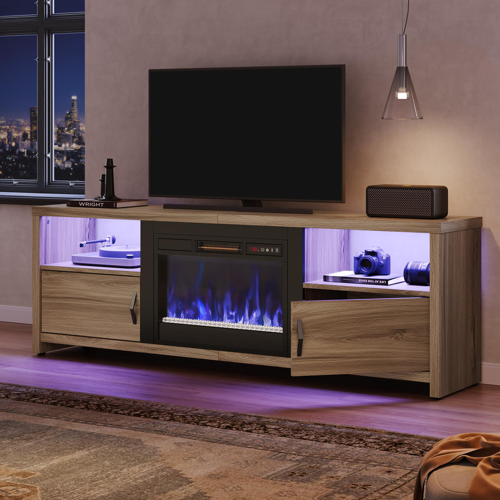 70 Inch for 75" TVs, Modern Entertainment Center with LED Lights, Storage Cabinets and Adjustable Shelves, Pinewood