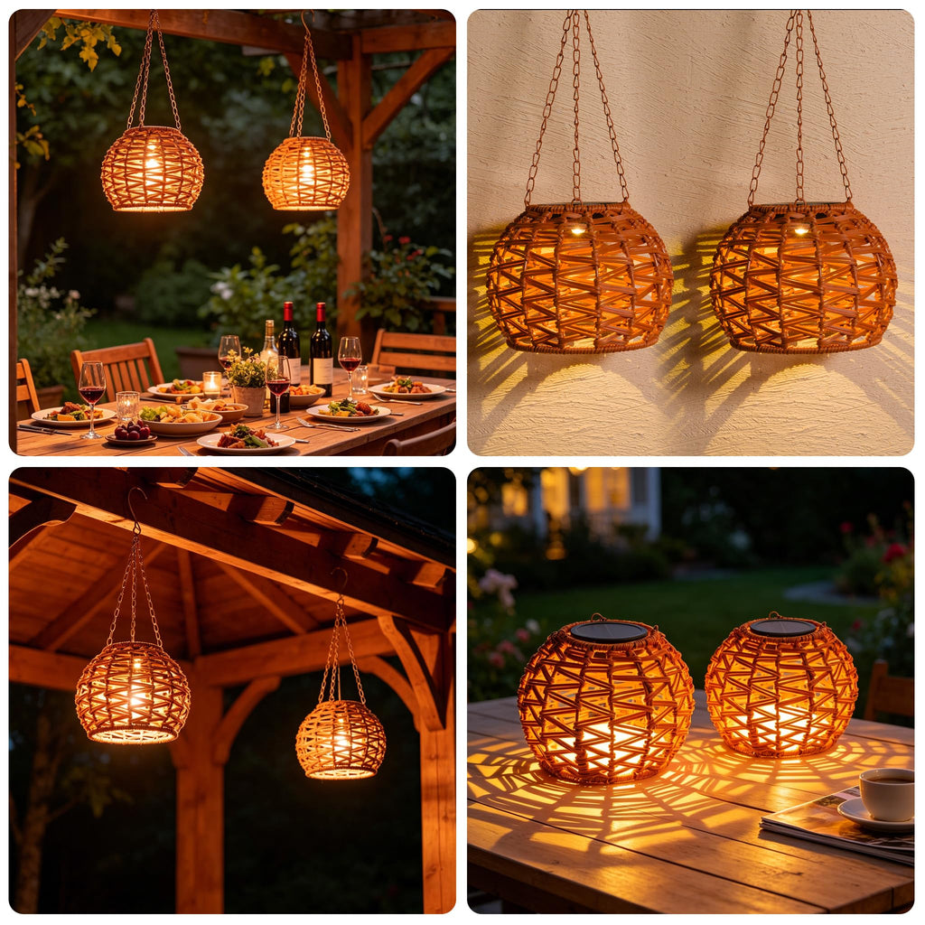 Solar Hanging Lanterns Outdoor Waterproof, 2 Pack Solar Chandelier Outdoor with 7.75in Boho Rattan Lantern, Hanging