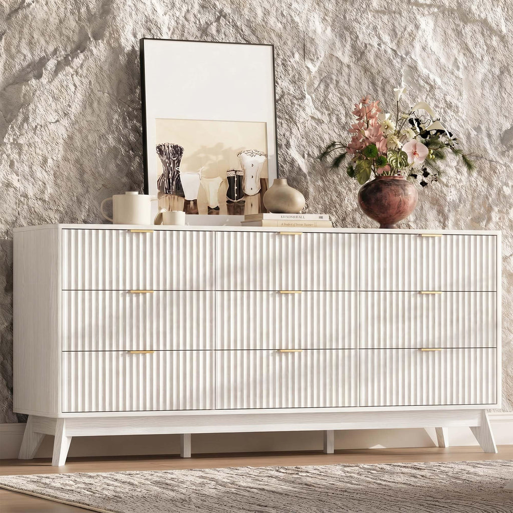 63" Wide Fluted 9 Drawers, Curved Edge, White