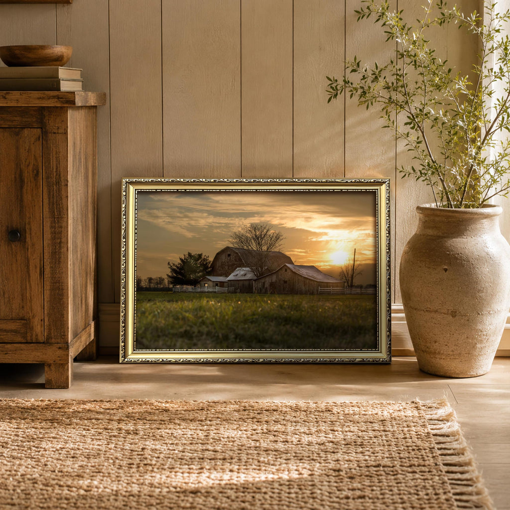 Vintage Gold Framed Sunset Farmhouse Wall Art, Rustic Country Barn Canvas Painting Print Picture, Retro Rural