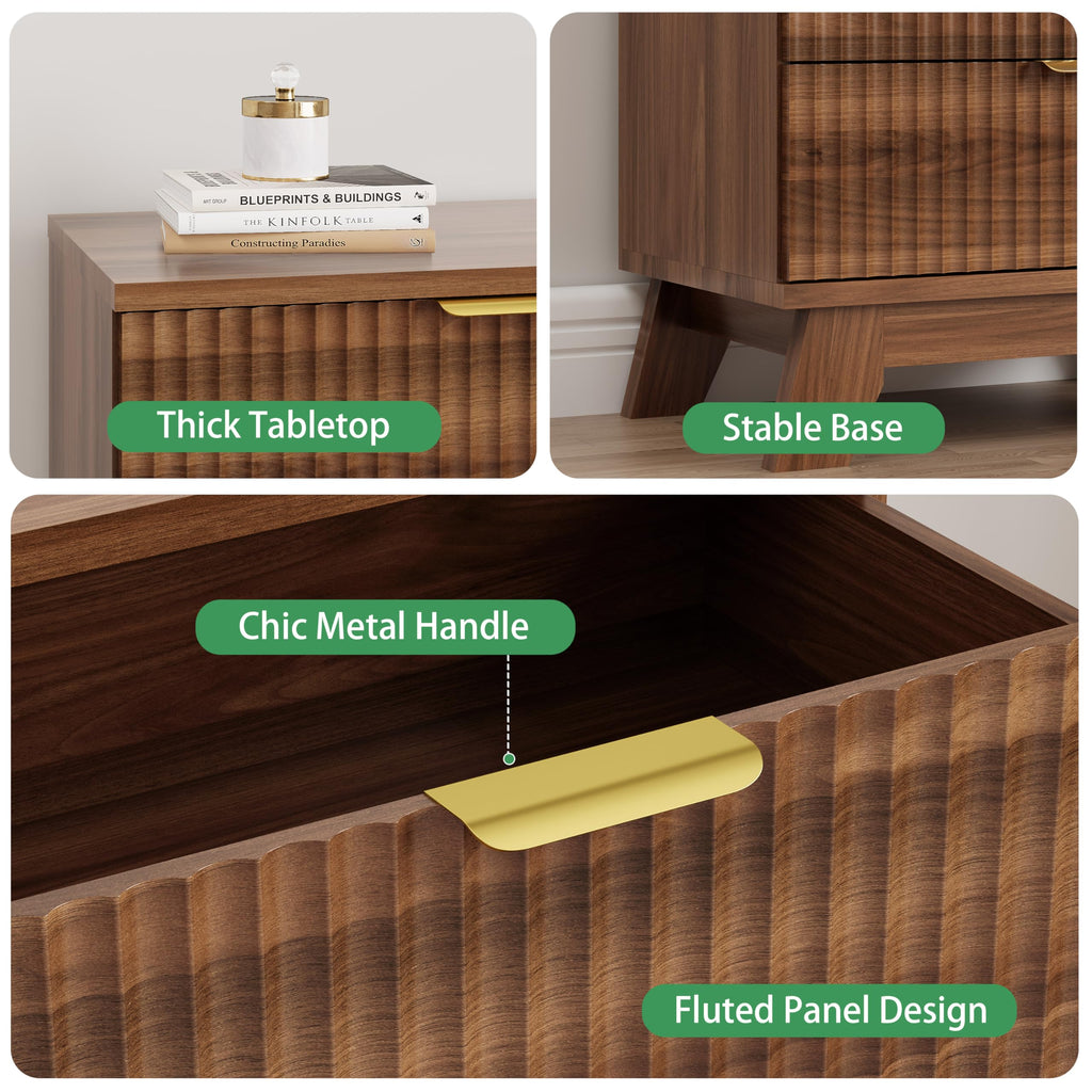 Fluted Dresser with 3 Drawers, 24" Wide Modern Chest of Drawers with Metal Handle, Wooden Dresser TV Stand, Wood