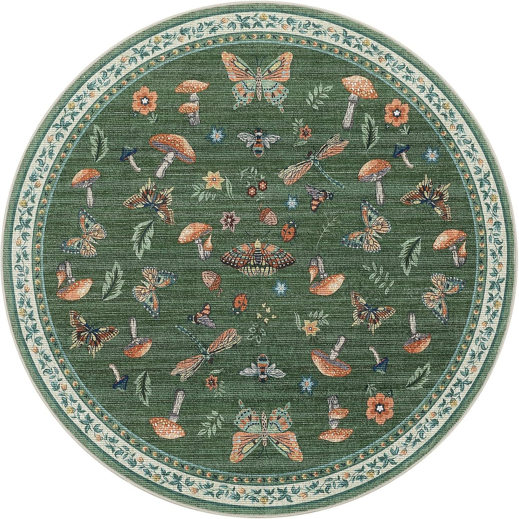 Mushroom Insect 8ft Round Rug Washable Non-Slip Soft Ultra-Thin Large Boho Circle Carpet for Entrywa