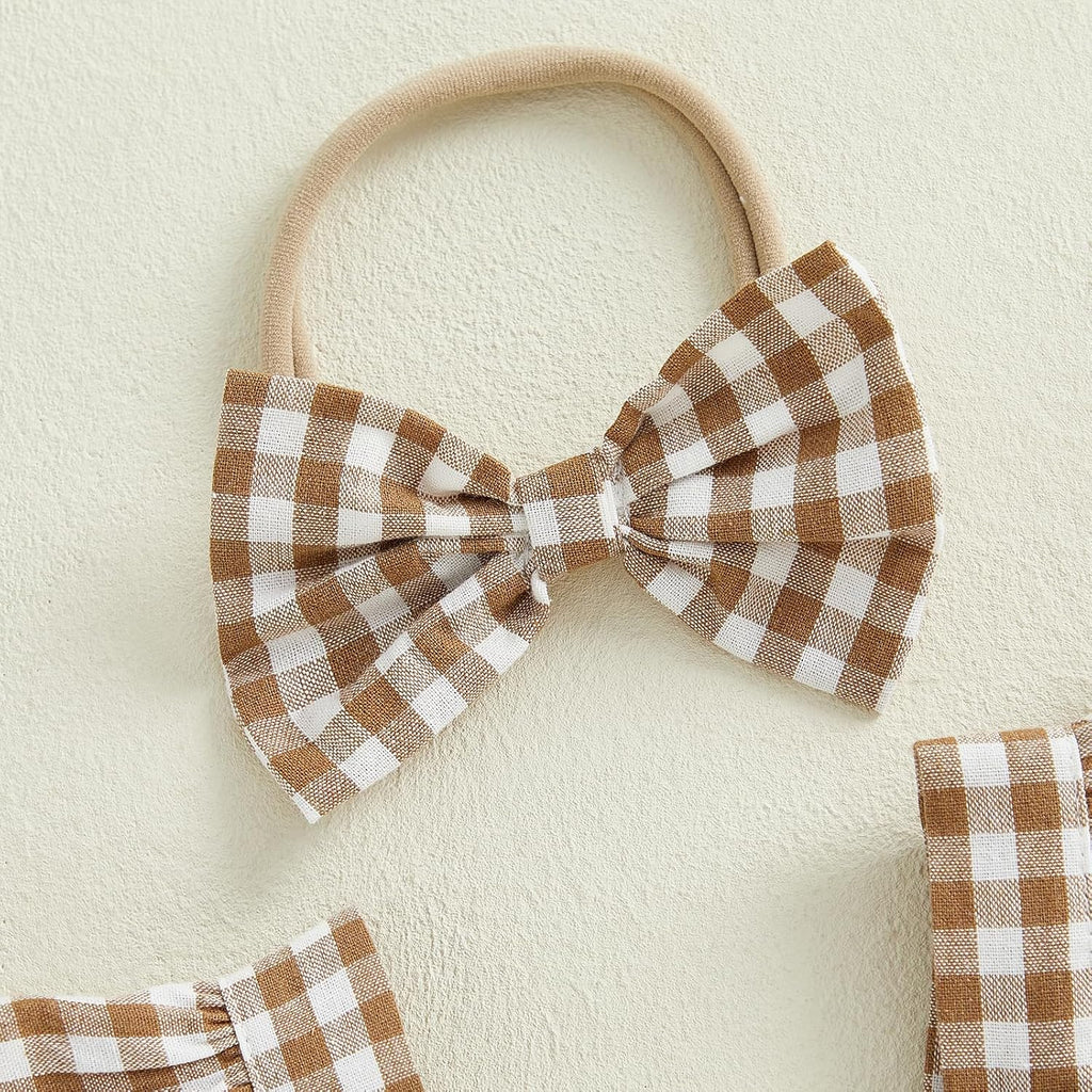 Newborn Baby Girl Romper Summer Sleeveless Checkered Smocked Cotton Linen Clothes Outfit Jumpsuit with Bow Headband