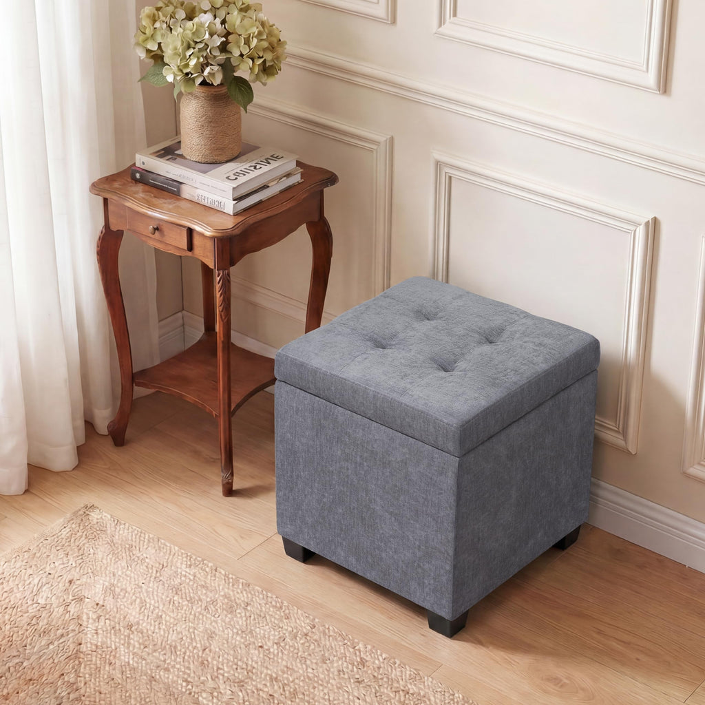 15 inch Square Storage Ottoman with Tray Lid, Modern Tufted Fabric Cube Coffee Table with Storage, Upholstered Ottoman