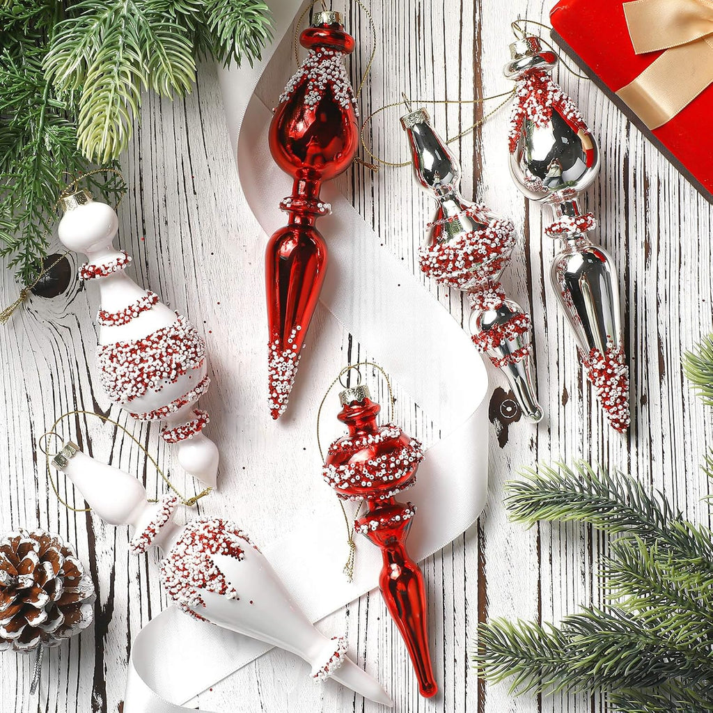 6 Pcs Large Mercury Glass Finial Christmas Ornament Nordic Frost Vintage Red Glass Ball Ornaments Christmas Tree Drop