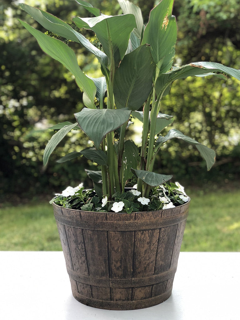Plant Pots Set of 2 Pack 10 inch, Copper Whiskey Barrel Planters with Drainage Holes. Plastic Decoration Flower Pots