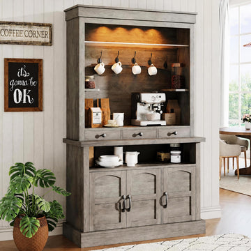 Coffee Bar Cabinet with LED Lights, 72" Tall Farmhouse Cabinet