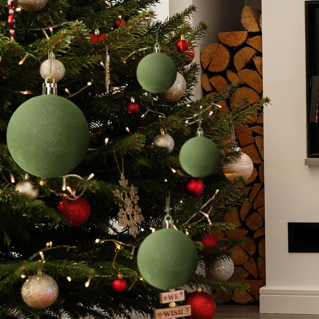 24 Pcs 3.15Inches Velvet Christmas Ball Ornaments, Shatterproof Green Flocked Bulbs Decorations Set, Retro Decorative