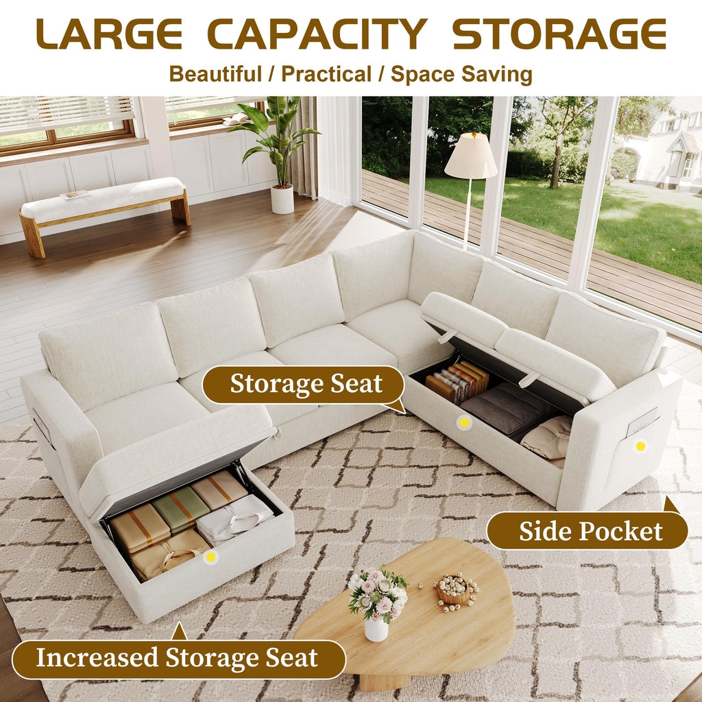 106.7" U-Shaped Modular Sectional Sofa with Pull-Out Bed & Storage, Modern 7-Seat Convertible Couch, Comfy L-Shape