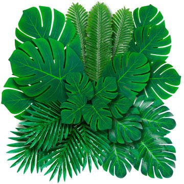 Palm Leaves Artificial Tropical Monstera 36Pack 6 Kinds Large Small Green Fake Palm Leaf with Stems