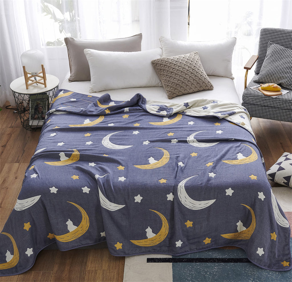Bright Moon Stars Muslin Wrap Blanket Reversible 100% Cotton 6 Layer Quilt Bed Blanket Soft Warm Throw Sofa Couch