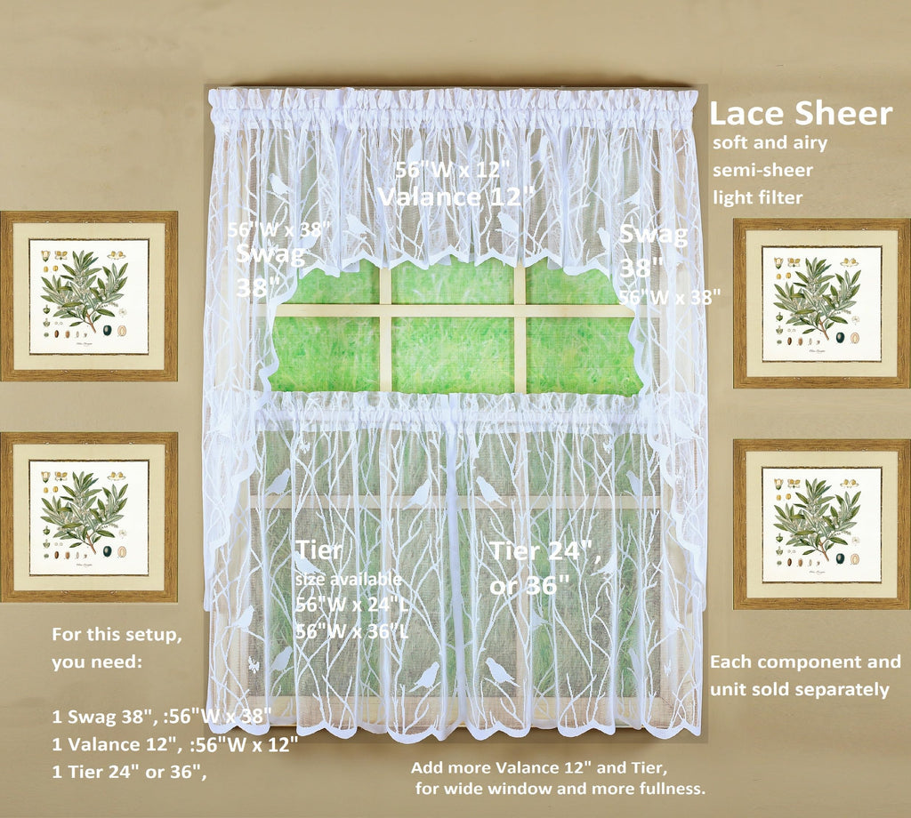 Songbird Semi-Sheer Lace Tier 36", White, 56" W x 36" L