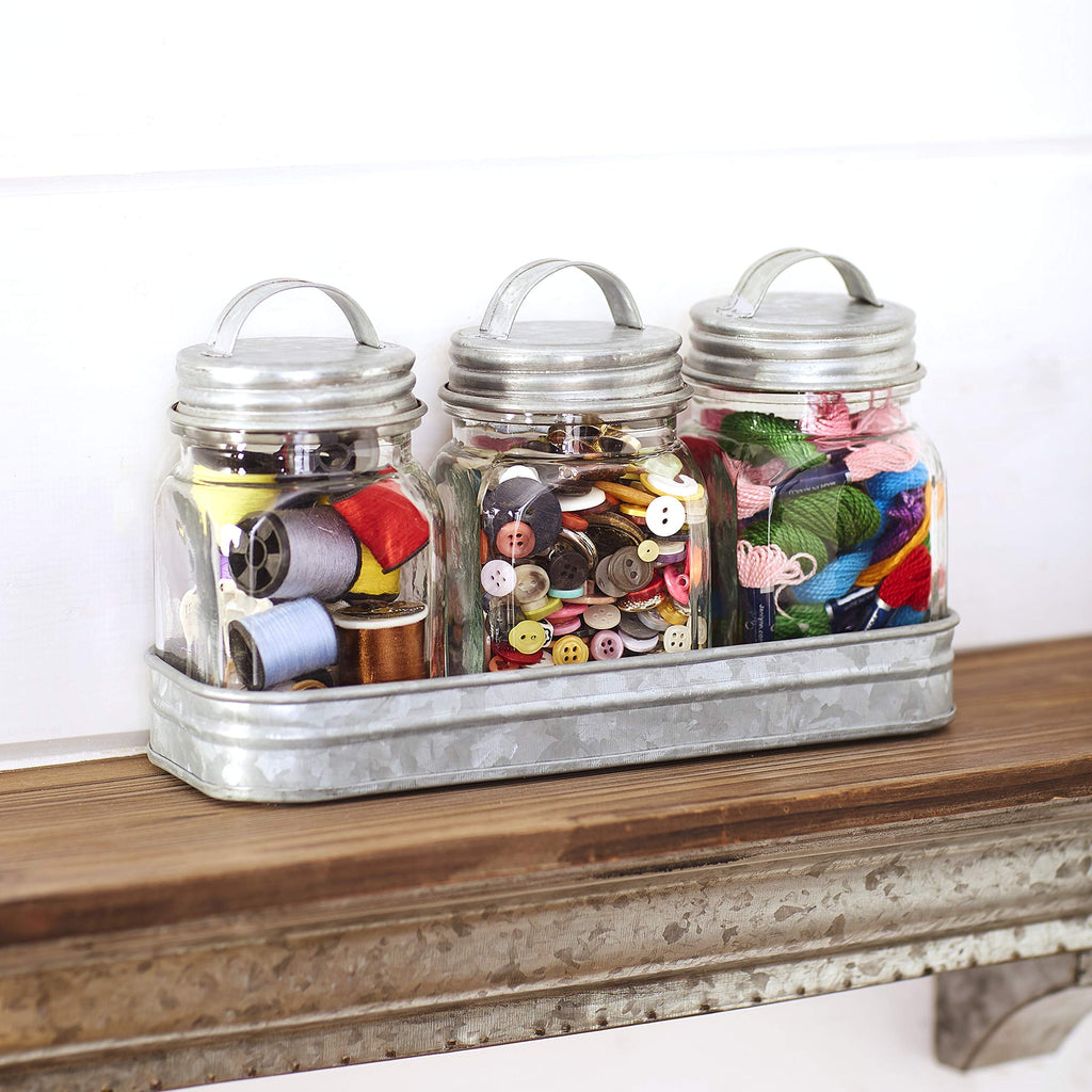 Set of 3 Glass Kitchen Canisters with Galvanized Metal Tray