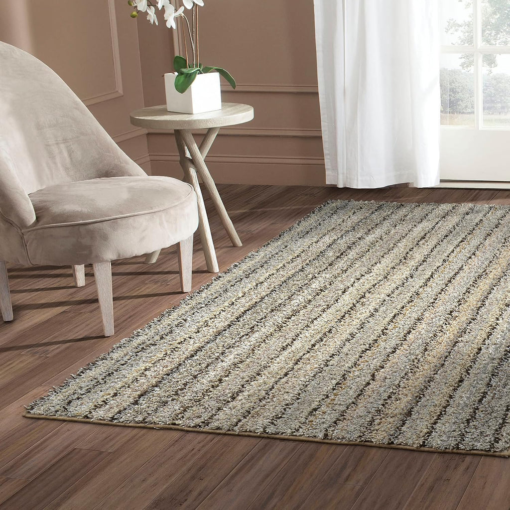Striped Shag Non-Slip Recycled Multi-Color Area Rug - Modern, Stain-Resistant, Ideal s & High-Traffic Areas